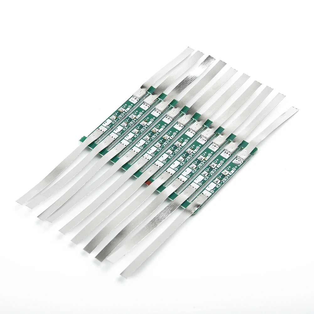 Close-up of 3A Li-ion battery protection board, JB 28×3mm, over-discharge protection 4.275±0.025V