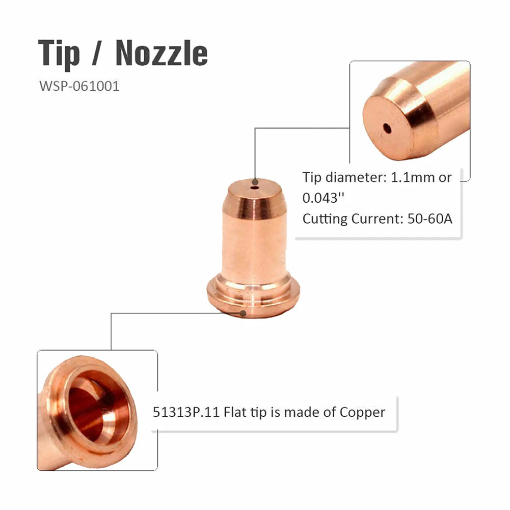 Close-up of 1.0mm and 1.1mm plasma torch electrodes for PT60 PT40 IPT-40 with nozzle 52582 51313P1.0
