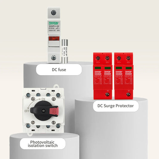 Close-up of SPD fuse and isolation switch in solar PV combiner box, waterproof and dustproof