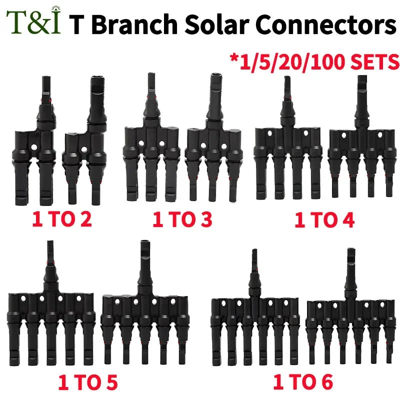 PV T branch photovoltaic solar connector 1000V 30A male female 1 to 2 3 4 5 6 PV plug adapter