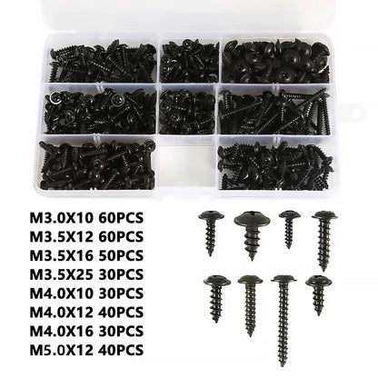 Structure of PWA cross self-tapping black screw with round pan head and washer, sizes M3 to M4.8, carbon steel