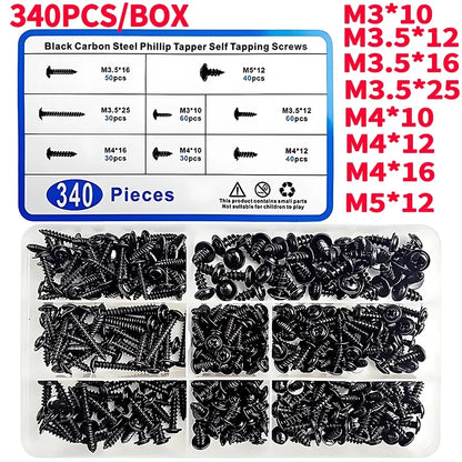PWA cross self-tapping black screw M3 M3.5 M4 M4.8 carbon steel round pan head tapping screw with washer assortment kit