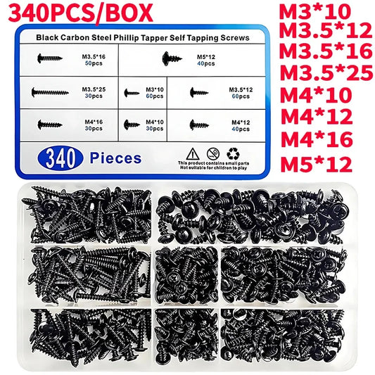 PWA cross self-tapping black screw M3 M3.5 M4 M4.8 carbon steel round pan head tapping screw with washer assortment kit