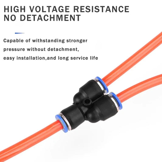 Y-Type pneumatic tee fitting showing push-in quick connect, blue nylon and brass construction for air and water hoses 4–16mm OD