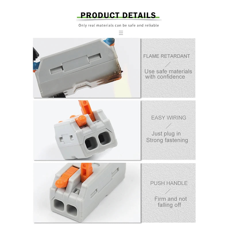 Set of quick electrical lever wire connectors, 2 port 3 port cable spring splice, universal compact clamp