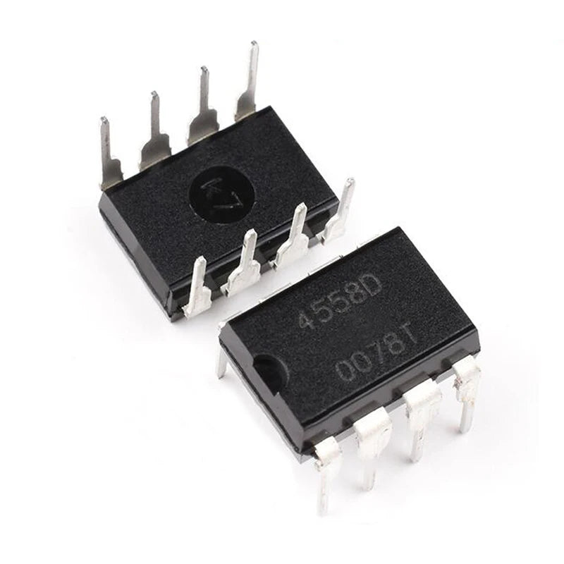 RC4558D DIP-8 dual operational amplifier IC, 4558 series, suitable for audio, signal processing, and DIY electronics projects