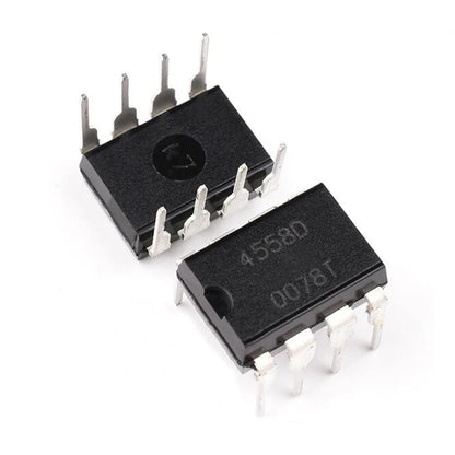 RC4558D DIP-8 dual operational amplifier IC, 4558 series, suitable for audio, signal processing, and DIY electronics projects