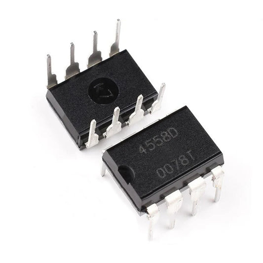 RC4558D DIP-8 dual operational amplifier IC, 4558 series, suitable for audio, signal processing, and DIY electronics projects
