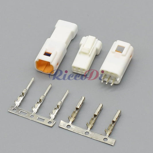 Male and female interface detail of 3 pin rearview mirror automotive connector plug