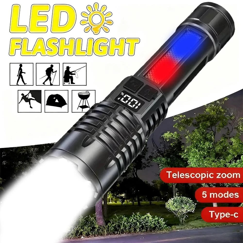 Rechargeable LED flashlight with display screen and zoom