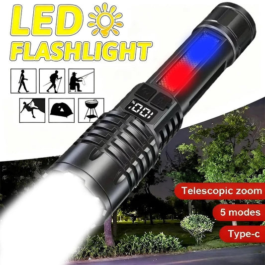 Rechargeable LED flashlight with display screen and zoom