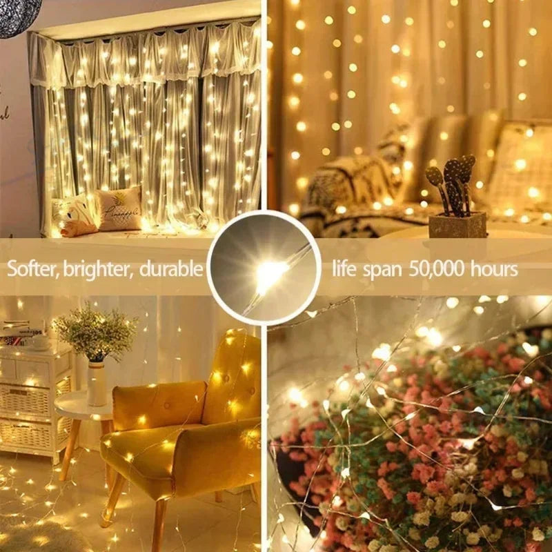 Remote controlled LED curtain festoon lights for holiday decoration on windows and walls