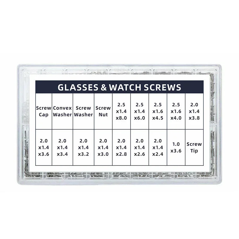 Glasses and watch repair kit showing dual head screwdrivers, precision tweezers, and assortment of screws