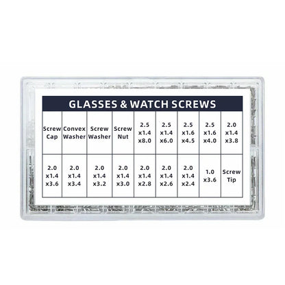Glasses and watch repair kit showing dual head screwdrivers, precision tweezers, and assortment of screws
