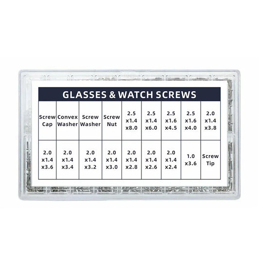 Glasses and watch repair kit showing dual head screwdrivers, precision tweezers, and assortment of screws