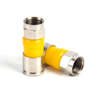 Close-up of RG6 F Type snap seal plug connector for compression cable