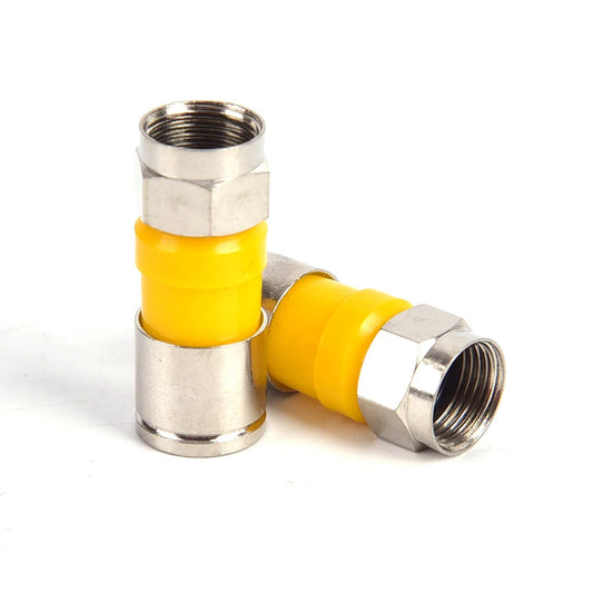 Close-up of RG6 F Type snap seal plug connector for compression cable