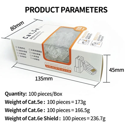 Gold plated RJ45 connector for Cat5e Cat6 network cable, 100Pcs bulk pack for 100M and 1000Mbps Gigabit Ethernet