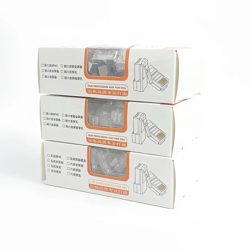 RJ45 gold plated crimp connector for Cat5e Cat6 Ethernet cable, supports 100M and 1000Mbps transmission