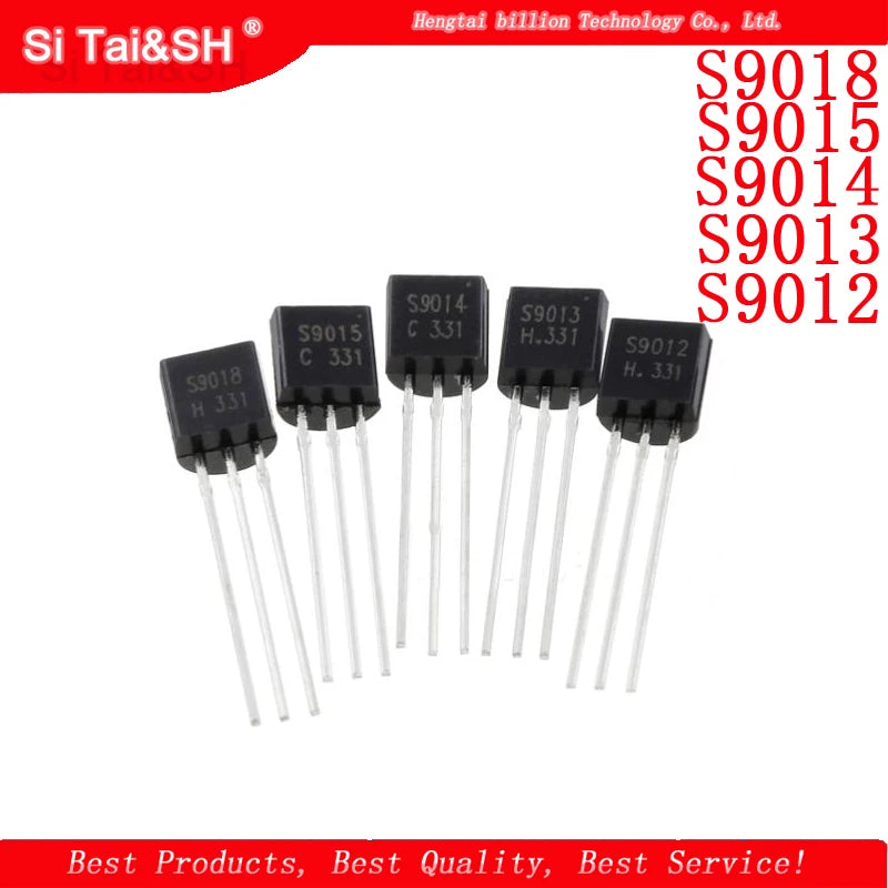 S9012, S9013, S9014, S9015, S9018 TO-92 NPN/PNP transistors, ideal for electronic circuits, amplifiers, and DIY electronics projects