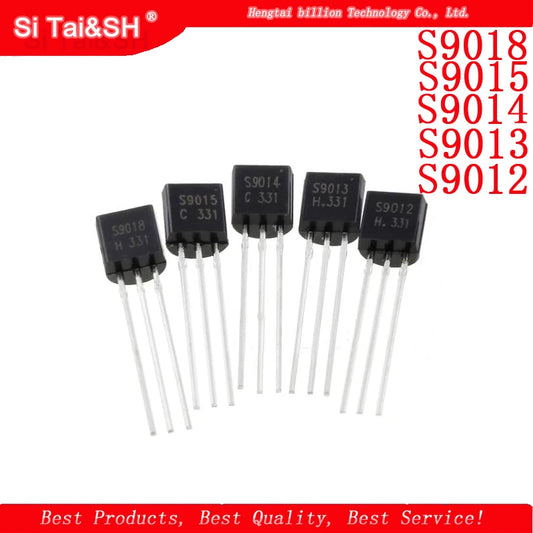S9012, S9013, S9014, S9015, S9018 TO-92 NPN/PNP transistors, ideal for electronic circuits, amplifiers, and DIY electronics projects
