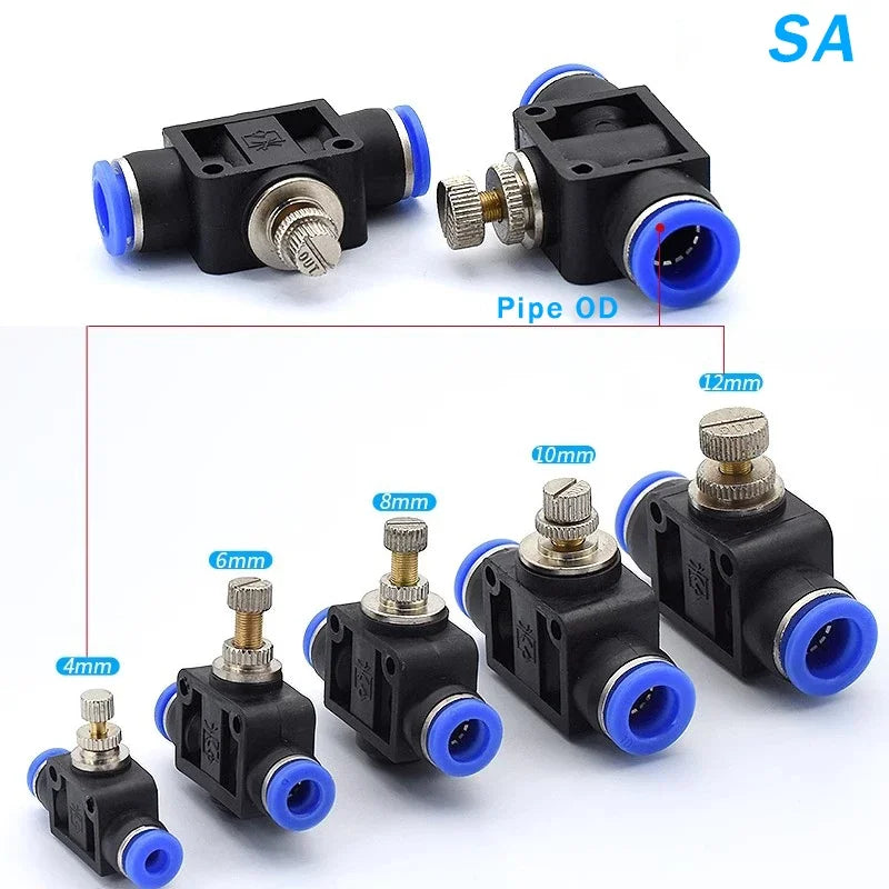 Series of SA throttle valves 4-12mm push-in fittings for pneumatic hose and tube flow control