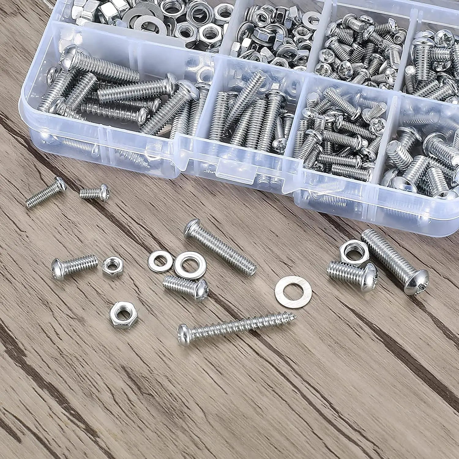 M3-M6 self-tapping screw assortment kit structure showing pan head screws, nuts, and washers for DIY and machinery use