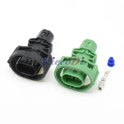 Close-up of sealed 2 pin male automotive connector for fuel injector and timer