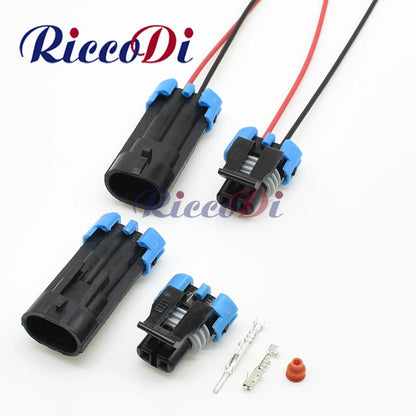 Sealed automotive water temperature sensor connector front view with wiring cable