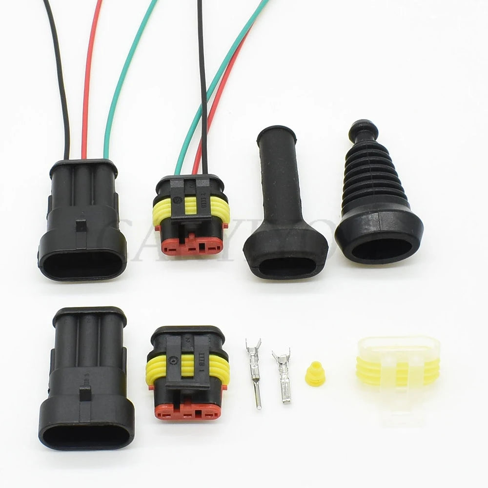 Detailed view of plastic housing and seals for 3-Pin waterproof electric automotive connector 282087-1 282105-1