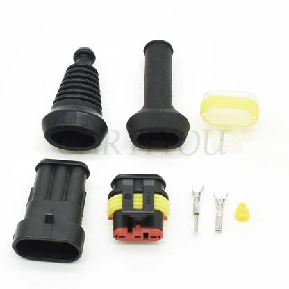 3-Pin sealed waterproof electric automotive connector 282087-1 282105-1 installed in car wiring harness with secure terminals and seals