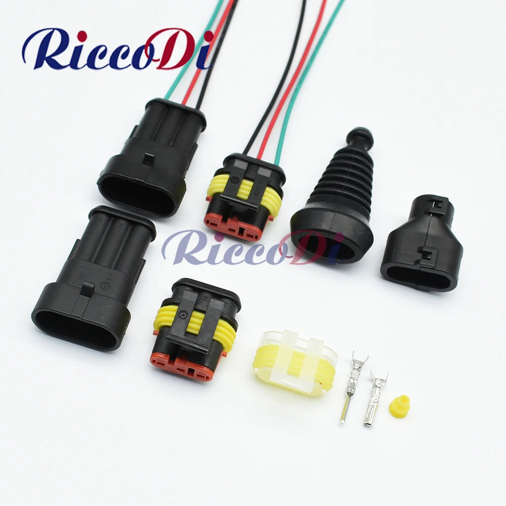 3-Pin sealed waterproof electric automotive connector 282087-1 282105-1 showing full view with terminals and seals