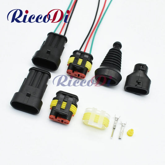 3-Pin sealed waterproof electric automotive connector 282087-1 282105-1 showing full view with terminals and seals