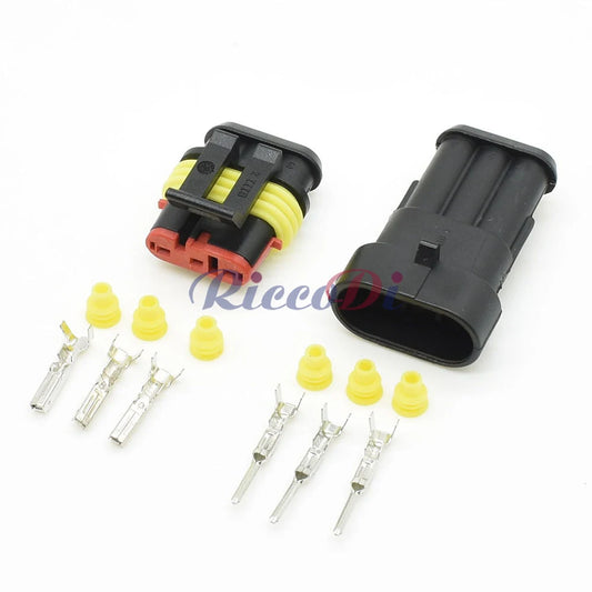 Close-up of 3-Pin terminals in sealed waterproof electric automotive connector 282087-1 282105-1 for secure car wiring connection