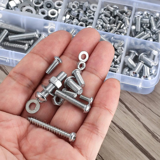 Phillips pan head self-tapping screws with nuts and washers for M3-M6 applications, stainless steel DIY and machinery fasteners