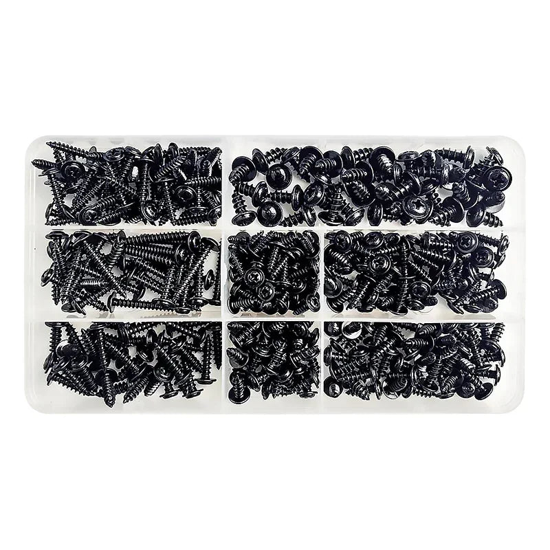Assortment kit of PWA black self-tapping screws with M3, M3.5, M4, M4.8 sizes, carbon steel, round pan head, with washers
