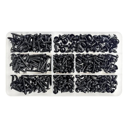 Assortment kit of PWA black self-tapping screws with M3, M3.5, M4, M4.8 sizes, carbon steel, round pan head, with washers