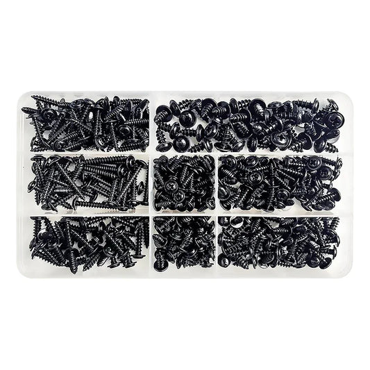 Assortment kit of PWA black self-tapping screws with M3, M3.5, M4, M4.8 sizes, carbon steel, round pan head, with washers