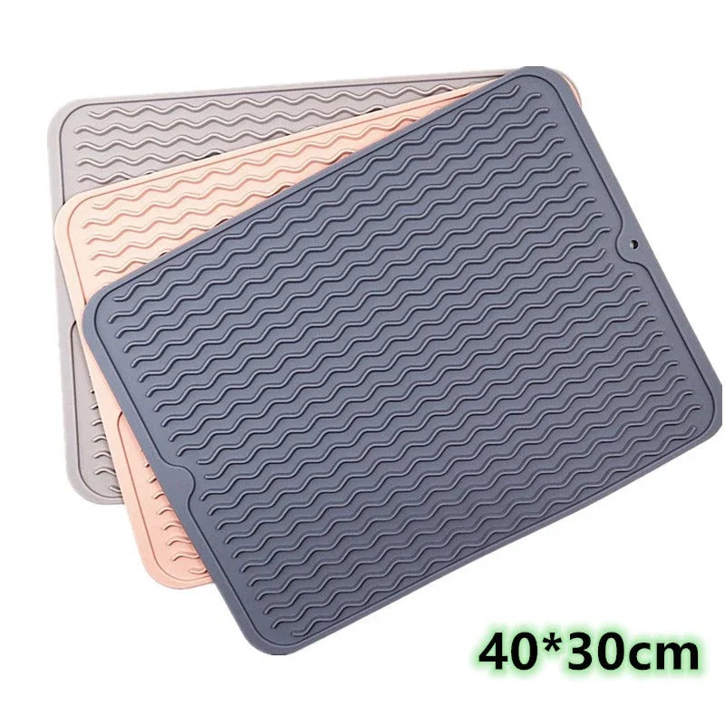 Silicone dish drying mat, heat resistant trivet, drip tray, cup coasters, non-slip pot holder for table and kitchen accessories
