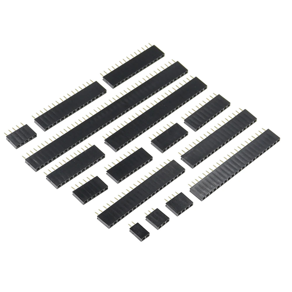 Single row female pin header socket 2.54mm pitch with 1-40 pins, ideal for Arduino, Raspberry Pi, and DIY electronics projects