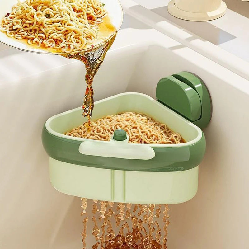 New sink strainer basket with suction cup press, automatic dumping, and faucet sponge storage rack