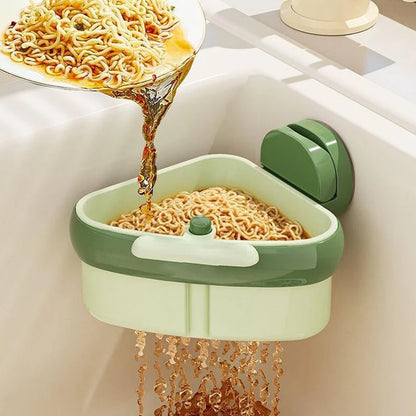 New sink strainer basket with suction cup press, automatic dumping, and faucet sponge storage rack