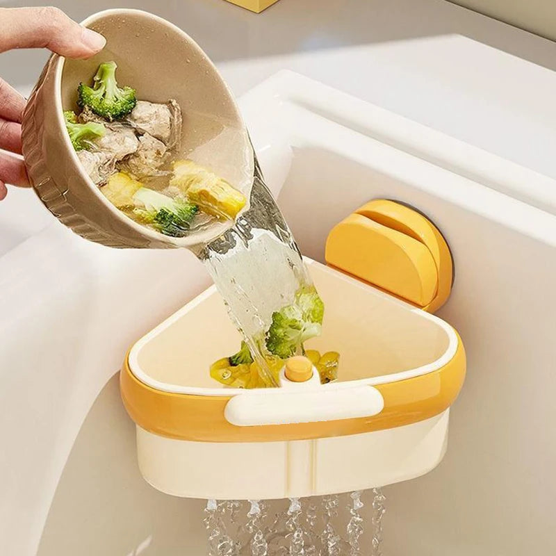 Set of new sink strainer baskets with suction cup press, automatic dumping, and faucet sponge storage rack