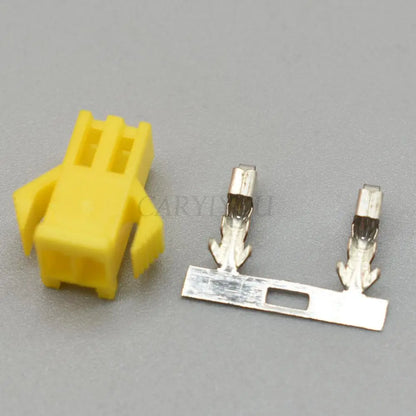 Overview of 2 pin SM yellow connector plug showing male and female assembly with terminals