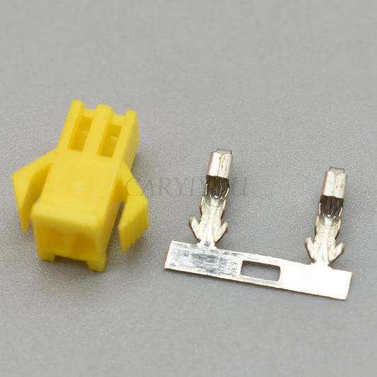 Side view of 2 pin SM yellow connector showing secure electrical connection for wires
