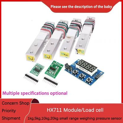 Small range weighing pressure sensor module with HX711AD, measuring 1-20kg, ideal for DIY scales, load measurement, and electronics projects