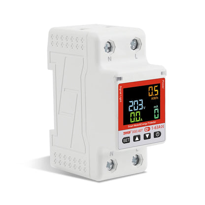 2P WiFi smart circuit breaker showing voltage, current, temperature, and leakage protection for home or industrial use
