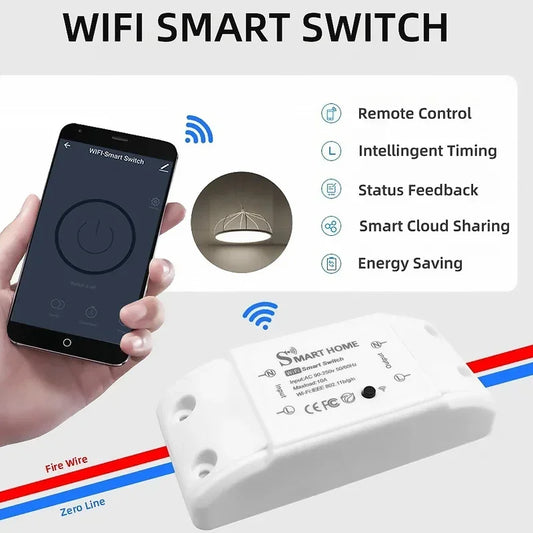 Tuya WiFi smart switch showing LED controller and compatibility with Alexa, Google Home, and Smart Life app