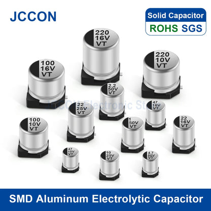SMD aluminum electrolytic capacitors with voltage range 6.3V to 100V and capacitance 0.47µF to 1000µF, suitable for electronic circuits and DIY projects