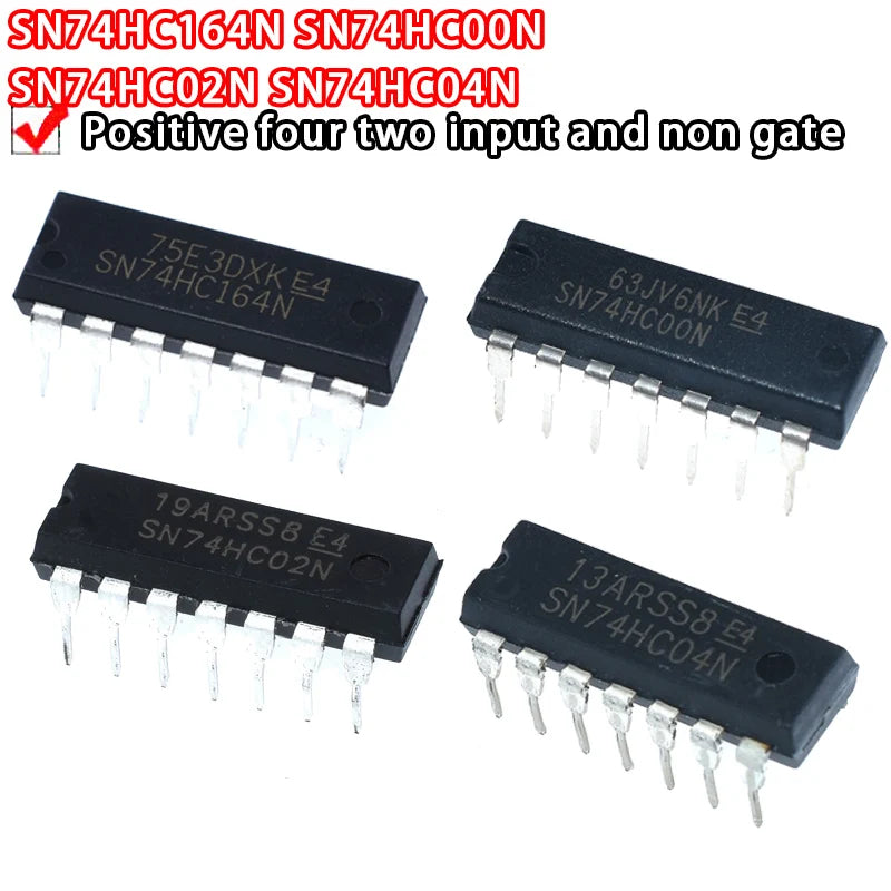 SN74HC series DIP14 logic ICs including 74HC00, 74HC02, 74HC03, 74HC04, 74HC125, 74HC164, 74HC06 for electronics circuits and DIY projects